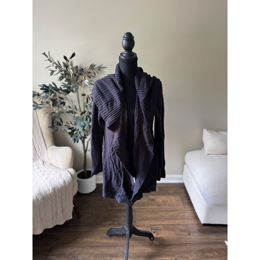 Elle Womens Large Open Front Cardigan Ribbed Shawl Collar Dark Gray Black Knit